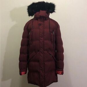 Ween Charm Women Fur Hooded Puffer Winter Jacket Size Medium Wine Color